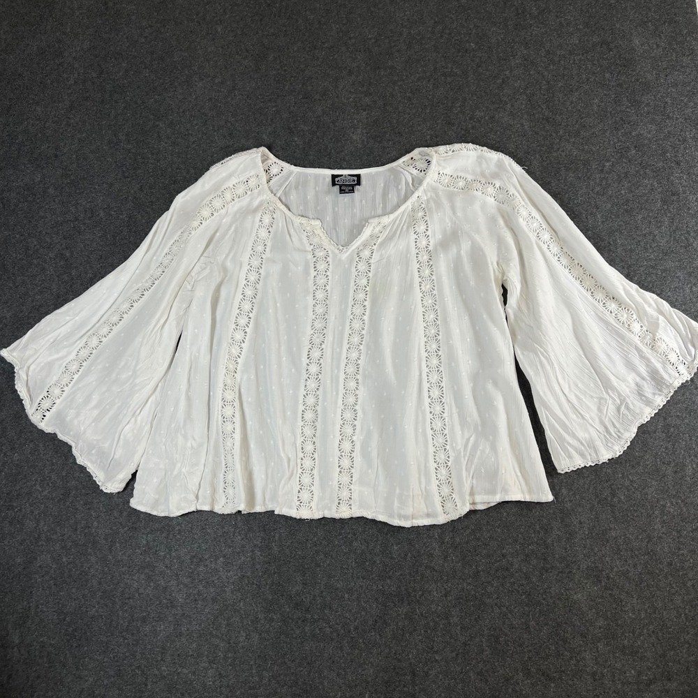 Angie White Swiss Dot Crochet Lace Bell Sleeve Peasant Blouse Medium